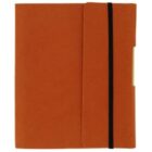 An orange notebook with a black elastic band closure. The notebook is closed and viewed from the front, showing the elastic band running vertically on the right side. The texture appears smooth.
