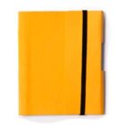 A bright yellow notebook with a black elastic band securing it closed, against a white background. The notebooks cover is plain, with a visible spine on the right side.