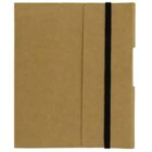 A plain brown notebook with a black elastic band closure, positioned vertically. The notebook has a minimalist design, featuring a cardboard cover.