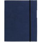 A closed dark blue folder with a black elastic band around it.