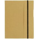 A closed brown notebook with a black elastic band.