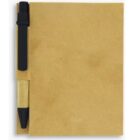 A brown cardboard notebook with a black pen attached to its spine. The pen has a paper-like holder near the cap. The notebook cover is plain and textured, giving it a simple, rustic appearance.