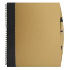 Spiral-bound notebook with a pen attached to tan cover.