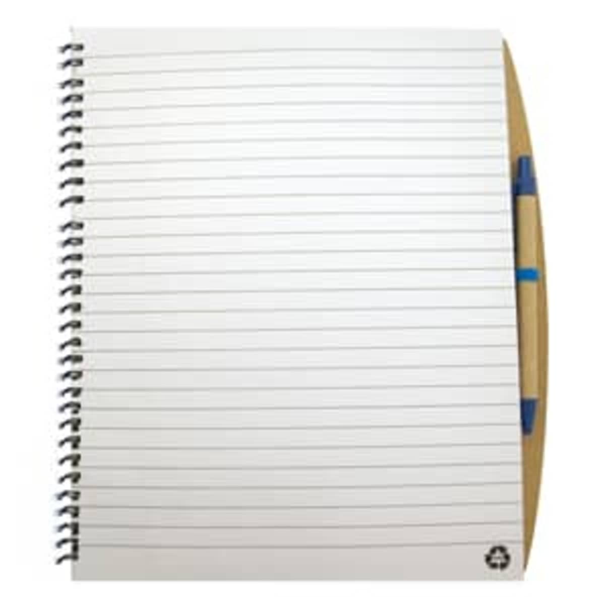 Spiral notebook with lined pages and a pen attached on the right side.