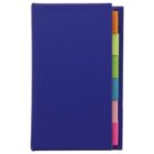 A blue notebook with colorful sticky tabs visible on the side.