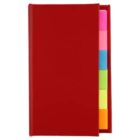 Red notebook with colorful sticky tabs peeking out from the side.