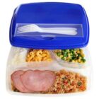 Lunch container with ham, fried rice, mac n cheese, peas, corn, and a blue lid with cutlery.