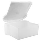 Open white plastic container with a hinged lid.
