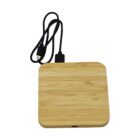 Square bamboo wireless charger with attached black USB cable on a white background.