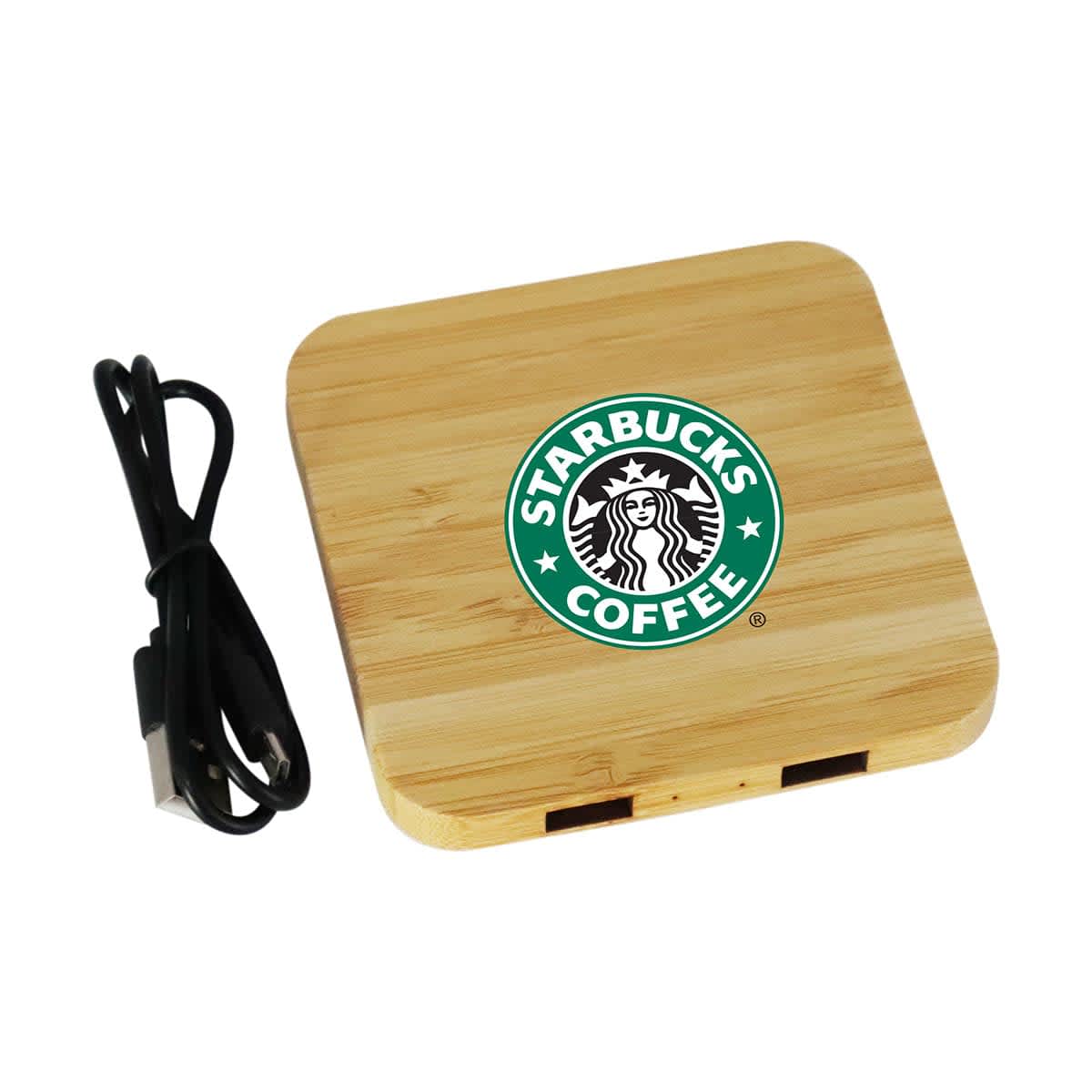 Square wooden device with Starbucks logo, USB cable beside it, on a white background.
