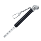 A black tire pressure gauge with a metal clip and measurement stick extended.
