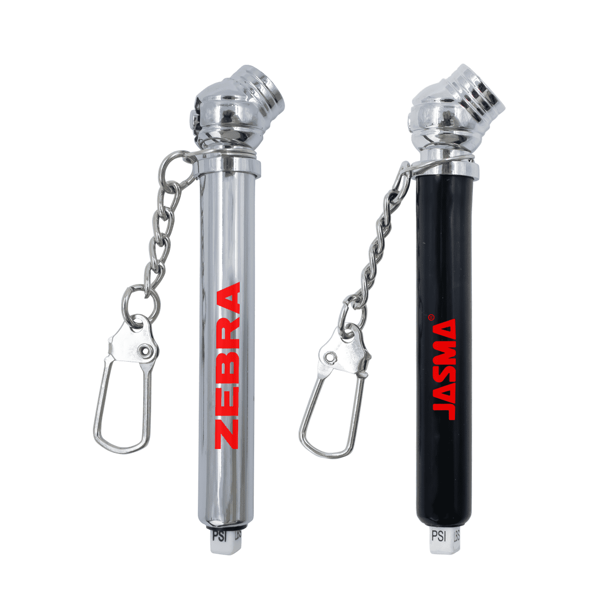 Two metallic tire pressure gauges with keychains, labeled ZEBRA and JASMA.
