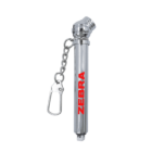 A silver tire gauge with a keychain and red ZEBRA text on its side.