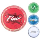 Four colorful yo-yos with different brand logos: Flair, LA Gear, Buckle Up!, and Ecco.