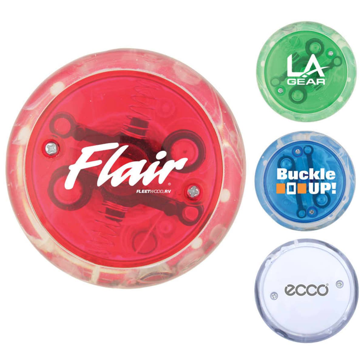 Four colorful yo-yos with different brand logos: Flair, LA Gear, Buckle Up!, and Ecco.