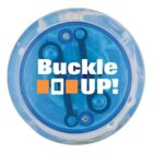 Blue yo-yo with text Buckle UP! and orange buckle icons on its surface.