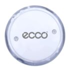 Round white object with ecco logo, encased in a clear plastic cover, viewed from above.