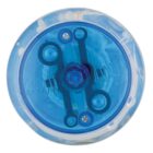 A blue, translucent yo-yo viewed from above, showing its internal parts.