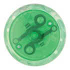 A translucent green yo-yo viewed from above, showing its internal mechanisms.