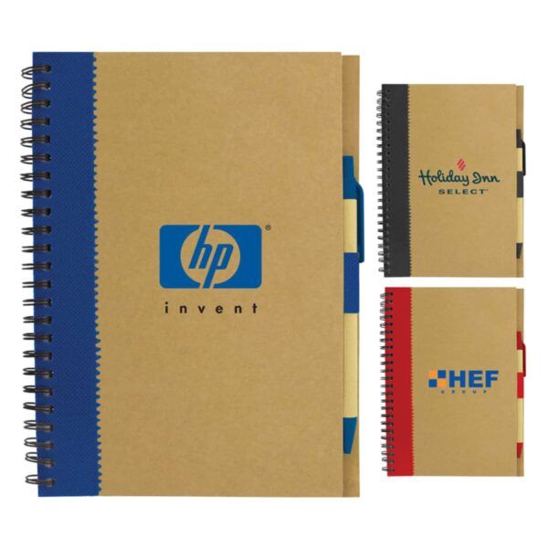 Three spiral notebooks with logos and attached pens in blue, black, and red accents.