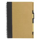 Spiral-bound notebook with cardboard cover and attached pen on the right side.
