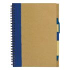 A spiral-bound notebook with a beige cover and a blue pen tucked inside.