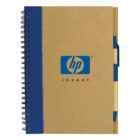 HP branded spiral notebook with a blue pen attached.