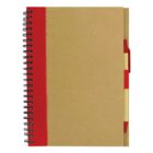 Brown spiral notebook with red binding and matching pen attached.