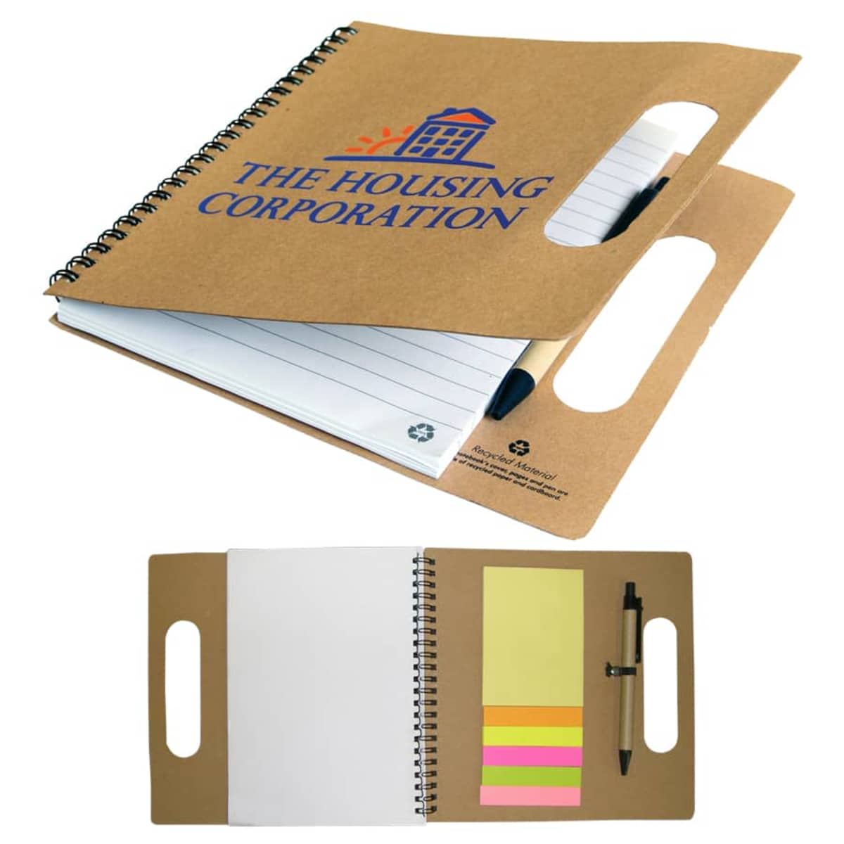 Brown spiral notebook with handle, pen holder, sticky notes, and lined paper.