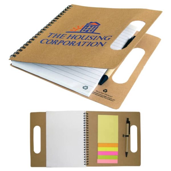 Brown spiral notebook with handle, pen, sticky notes, lined and blank pages, and Housing Corporation logo.