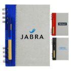Three spiral notebooks with pens, each featuring different brand logos on the covers.