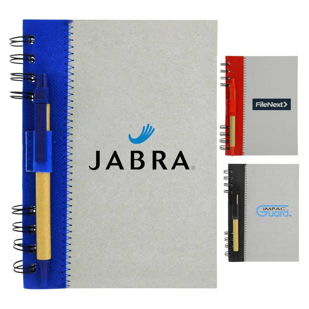 Three spiral notebooks with pens, each featuring different brand logos on the covers.