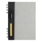 Spiral-bound notebook with a pen attached to the cover.