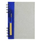 Spiral notebook with a blue cover and a pen attached.