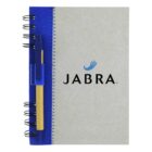 Spiral notebook with Jabra logo and a blue pen attached on the left side.