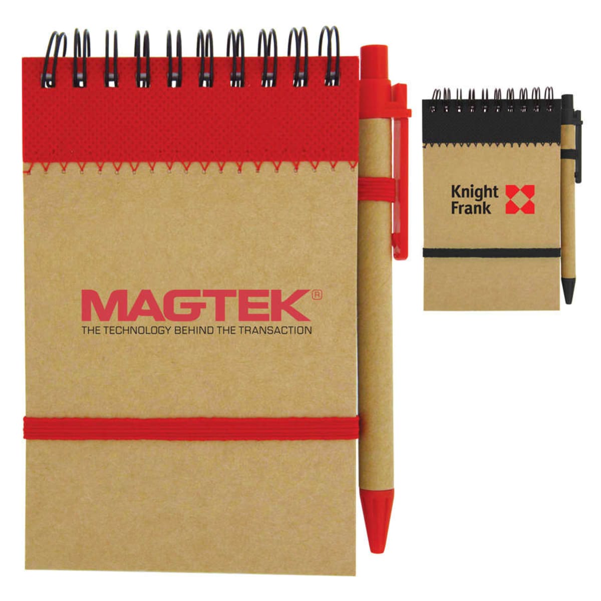 Two spiral notepads with attached pens, one labeled MAGTEK, the other Knight Frank.