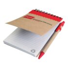 Brown spiral notebook with lined pages and matching red pen.