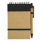 Brown spiral notepad with attached pen on the right side.