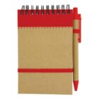 A spiral notebook with a red top and a pen attached to the side.