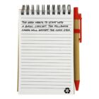 Spiral notepad with a red pen, featuring handwritten notes about a books main concept.