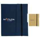 Blue and beige notebooks with elastic bands are displayed. The blue notebook has Matilda Cruises written on the cover, and the beige notebook has Nationwide written on its cover.