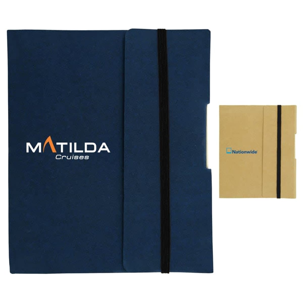 Blue and beige notebooks with elastic bands are displayed. The blue notebook has Matilda Cruises written on the cover, and the beige notebook has Nationwide written on its cover.