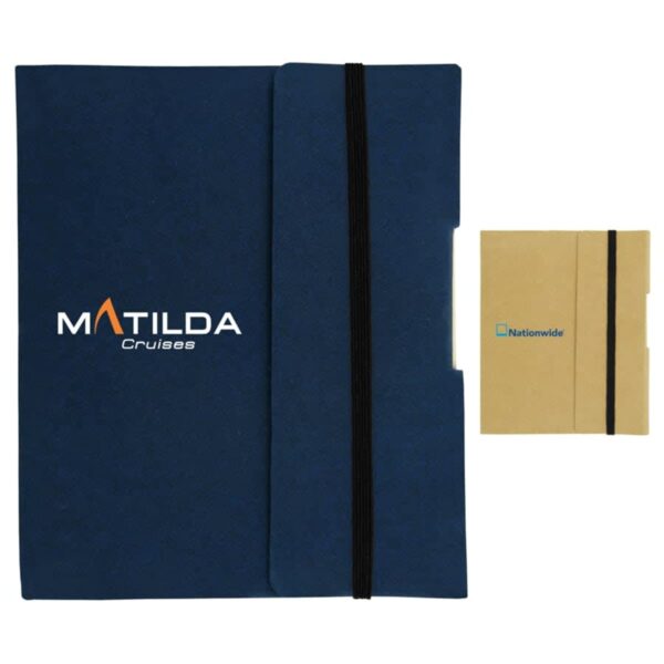 Two document folders are pictured. The larger folder is navy blue with Matilda Cruises printed on it and has a black elastic closure. The smaller folder is beige with a Nationwide logo and also features a black elastic closure.
