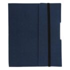 A closed dark blue folder with a black elastic band on the right side, holding the flap shut. The folder is standing upright against a plain white background.