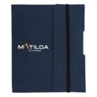 A blue folder with a black elastic band closure, featuring the text MATILDA Cruises on the cover in white and orange.