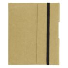 A closed beige notebook with a black elastic band securing the cover. The notebook has a minimalist design with a plain front and is slightly textured.