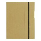 A closed brown notebook with a black elastic band.