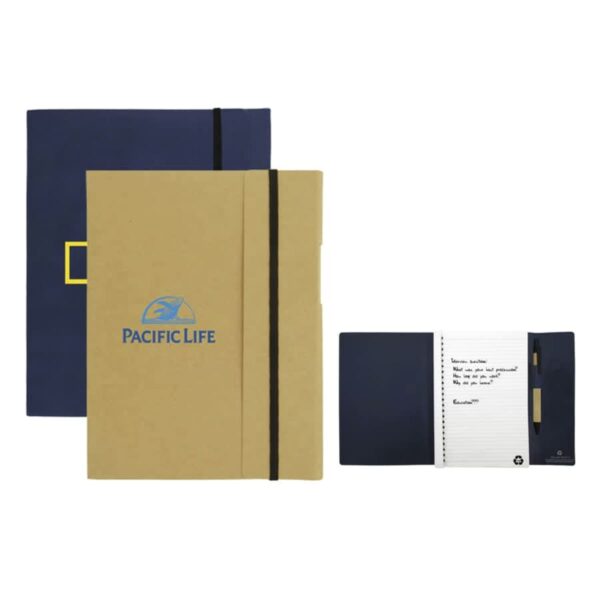 Three notebooks, one open with handwritten notes and a pen holder.