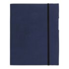 A closed blue folder with a black elastic band around it.