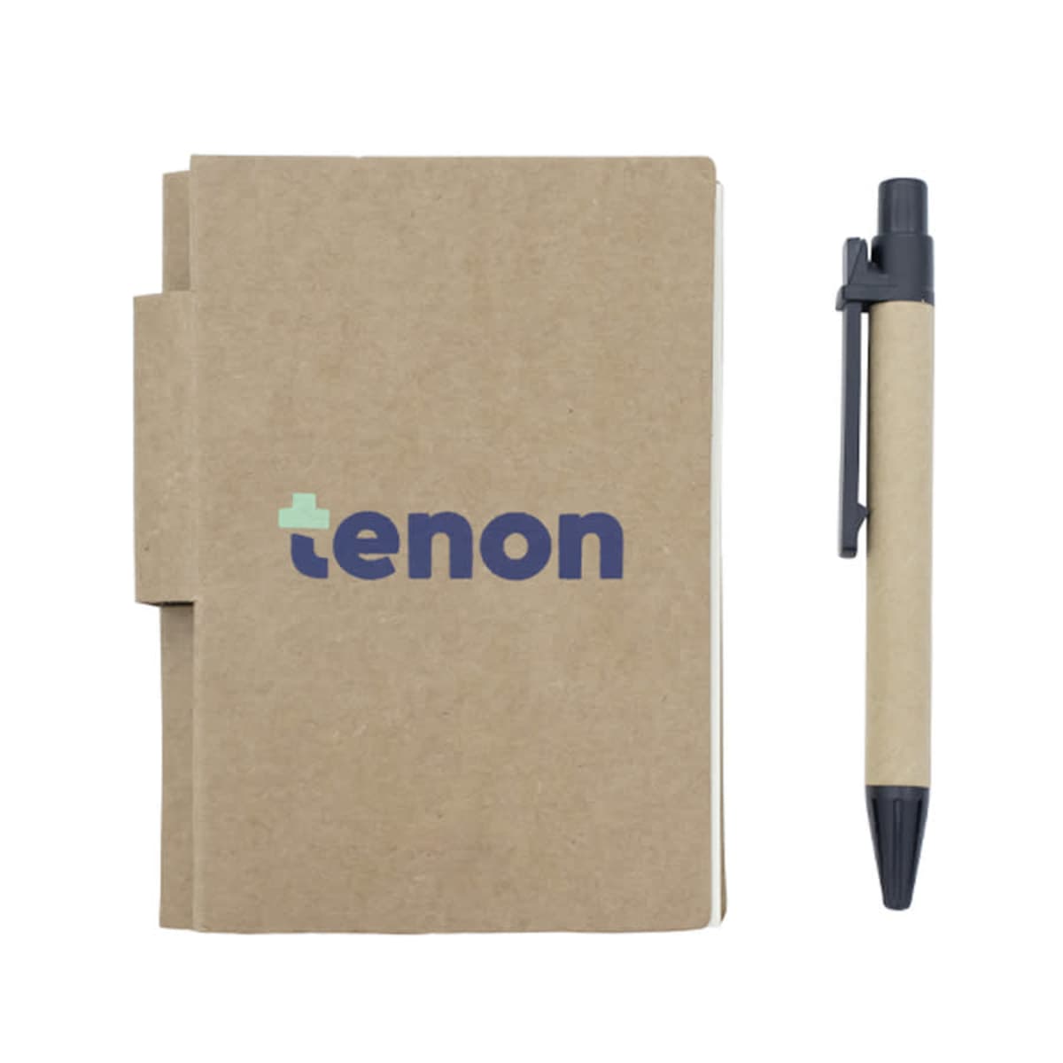 A small brown notebook with rounded edges, accompanied by a matching brown pen. The notebook cover features the text tenon in blue lowercase lettering with a small green cross symbol above the t.